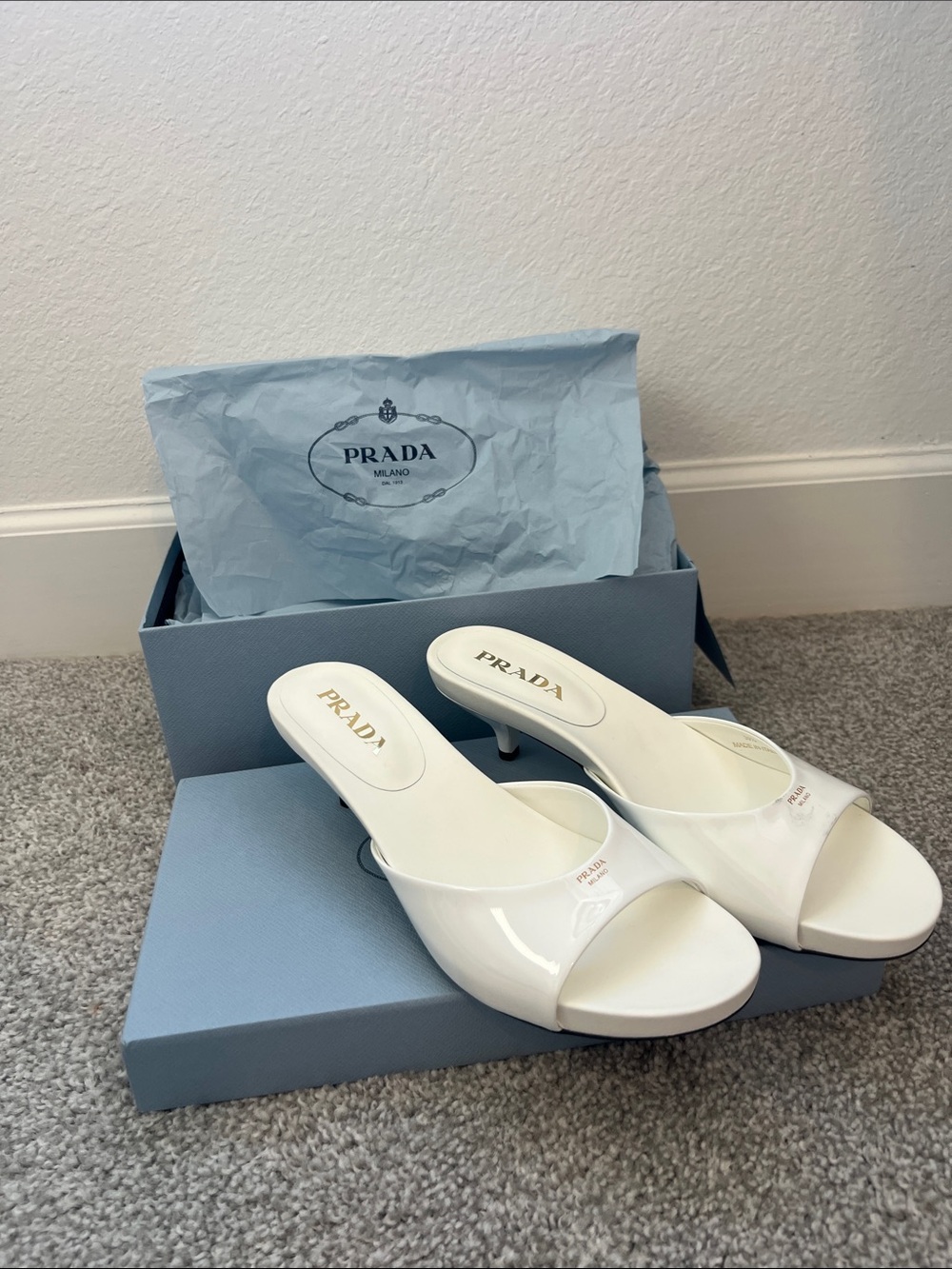 Prada White Patent Leather Slide Mules